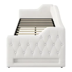 Redom Lit 90x200 cm tapissé lin beige avec rangement sous-lit et bande LED 7 couleurs, cadre bois moderne, 12 lattes Hot