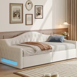Redom Lit 90x200 cm tapissé lin beige avec rangement sous-lit et bande LED 7 couleurs, cadre bois moderne, 12 lattes Hot