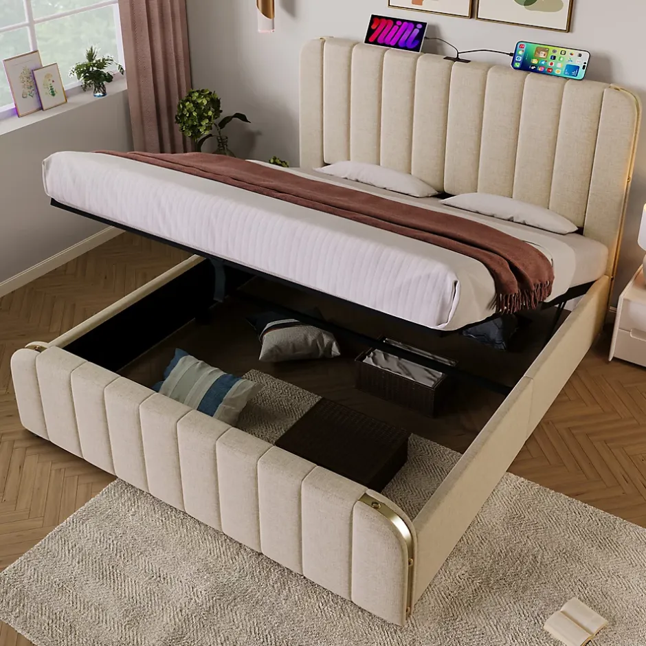 Redom Lit 140x200 cm tapissé lin beige, design contemporain, avec rangement hydraulique et tête de lit intégrée Sale
