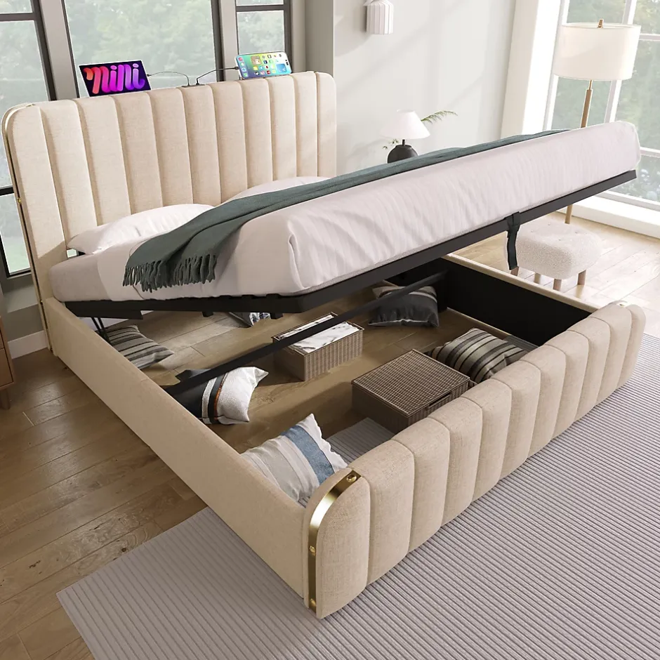 Redom Lit 140x200 cm tapissé lin beige, design contemporain, avec rangement hydraulique et tête de lit intégrée Sale