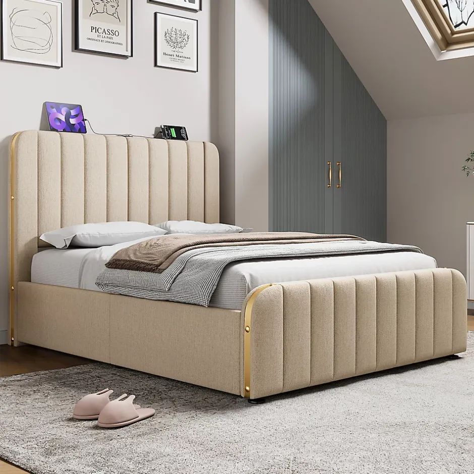 Redom Lit 140x200 cm tapissé lin beige, design contemporain, avec rangement hydraulique et tête de lit intégrée Sale