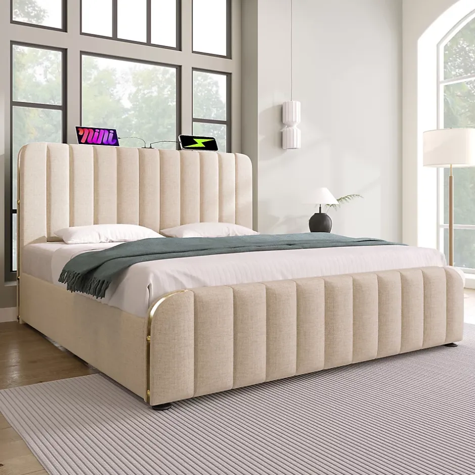 Redom Lit 140x200 cm tapissé lin beige, design contemporain, avec rangement hydraulique et tête de lit intégrée Sale