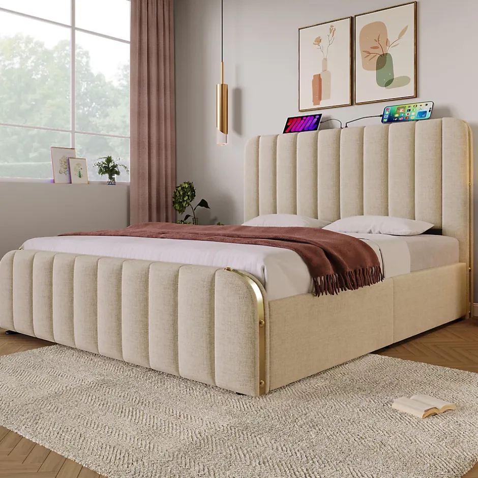 Redom Lit 140x200 cm tapissé lin beige, design contemporain, avec rangement hydraulique et tête de lit intégrée Sale