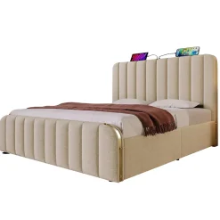 Redom Lit 140x200 cm tapissé lin beige, design contemporain, avec rangement hydraulique et tête de lit intégrée Sale