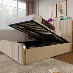 Redom Lit 140x200 cm, tapissé lin beige avec tête de lit décor métal doré, rangement hydraulique et port USB-C