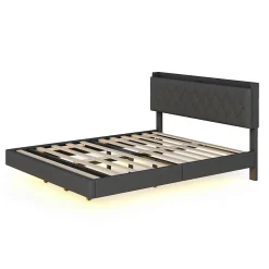 Redom Lit 160x200 cm tapissé lin gris avec LED multicolore sous cadre, prise USB intégrée et coffre de rangement Hot