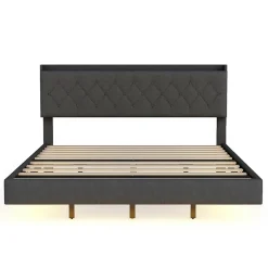Redom Lit 160x200 cm tapissé lin gris avec LED multicolore sous cadre, prise USB intégrée et coffre de rangement Hot