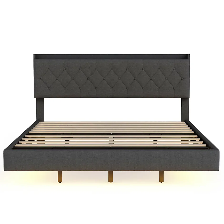 Redom Lit 160x200 cm tapissé lin gris avec LED multicolore sous cadre, prise USB intégrée et coffre de rangement Hot