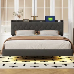 Redom Lit 160x200 cm tapissé lin gris avec LED multicolore sous cadre, prise USB intégrée et coffre de rangement Hot