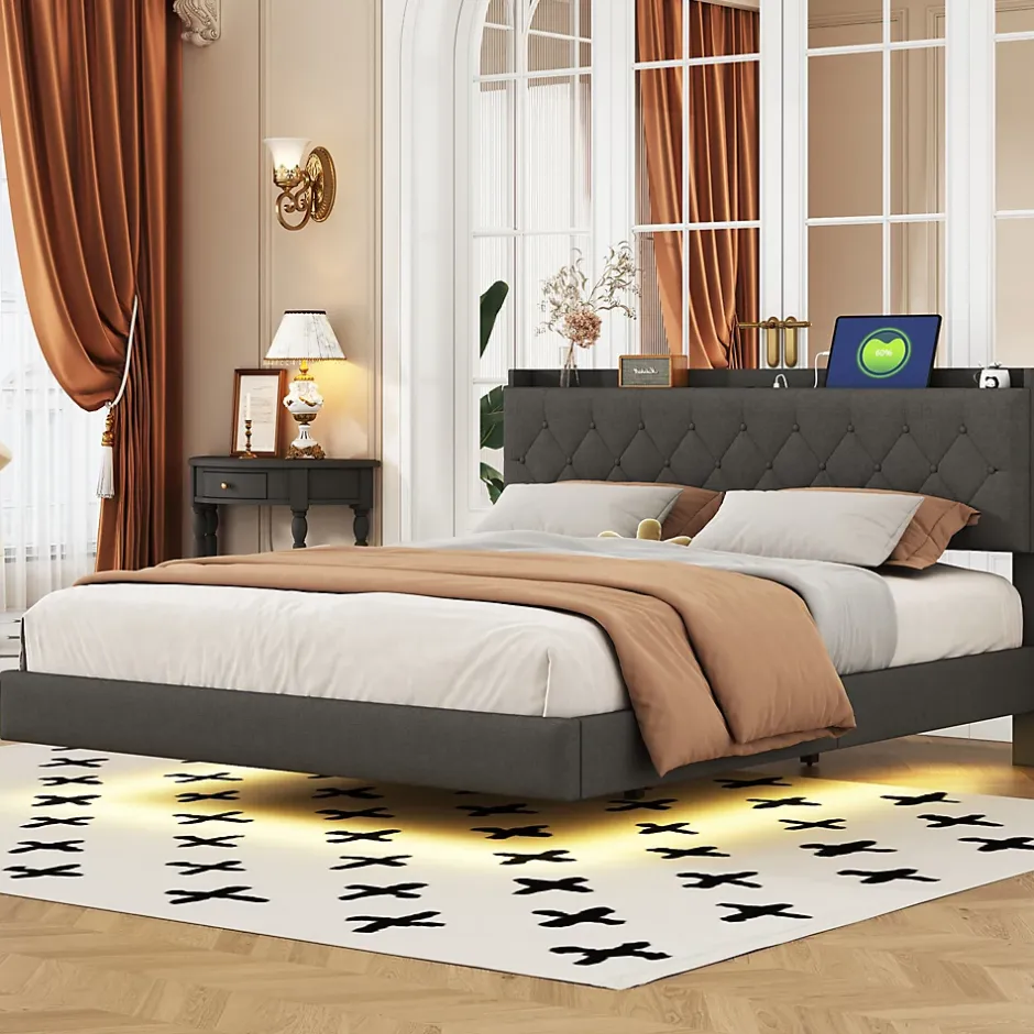 Redom Lit 160x200 cm tapissé lin gris avec LED multicolore sous cadre, prise USB intégrée et coffre de rangement Hot