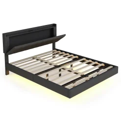 Redom Lit 160x200 cm tapissé lin gris avec LED multicolore sous cadre, prise USB intégrée et coffre de rangement Hot