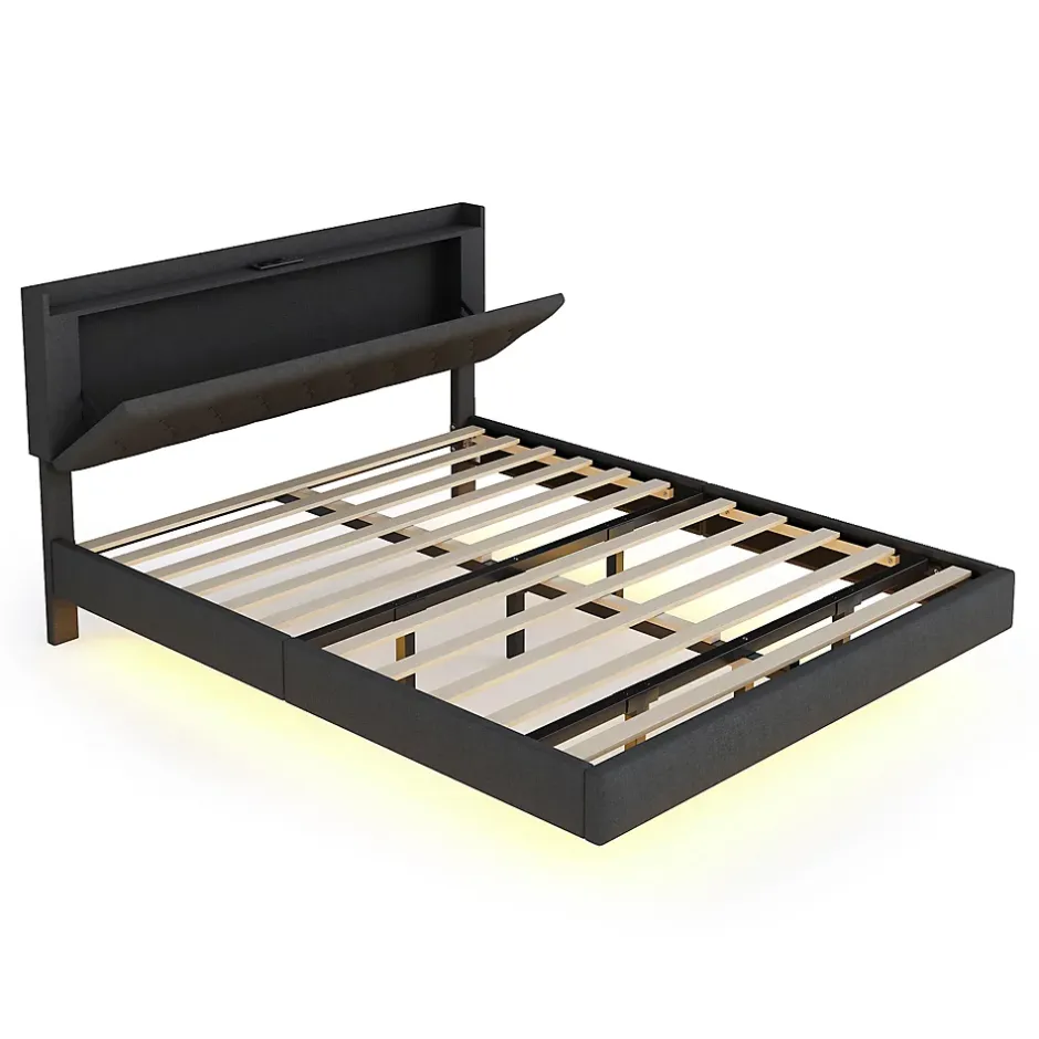 Redom Lit 160x200 cm tapissé lin gris avec LED multicolore sous cadre, prise USB intégrée et coffre de rangement Hot