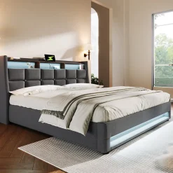 Redom Lit 140x200 cm tapissé lin gris avec éclairage LED et port USB, style vintage moderne, cadre bois-métal