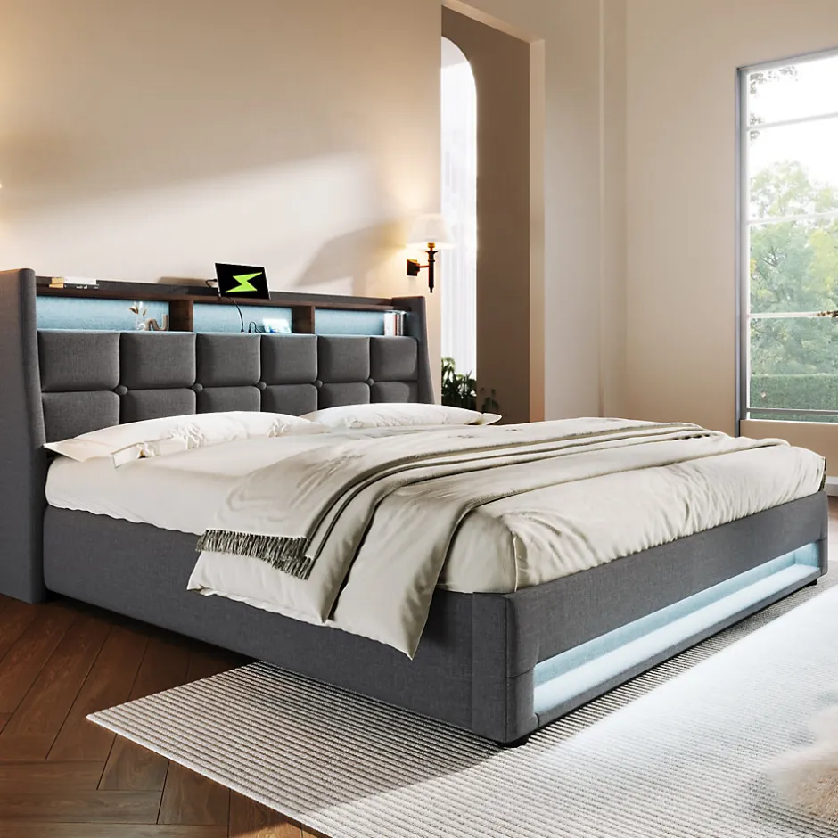 Redom Lit 140x200 cm tapissé lin gris avec éclairage LED et port USB, style vintage moderne, cadre bois-métal