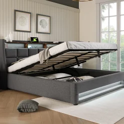 Redom Lit 140x200 cm tapissé lin gris avec éclairage LED et port USB, style vintage moderne, cadre bois-métal