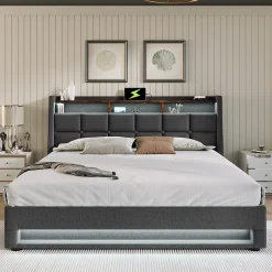 Redom Lit 140x200 cm tapissé lin gris avec éclairage LED et port USB, style vintage moderne, cadre bois-métal