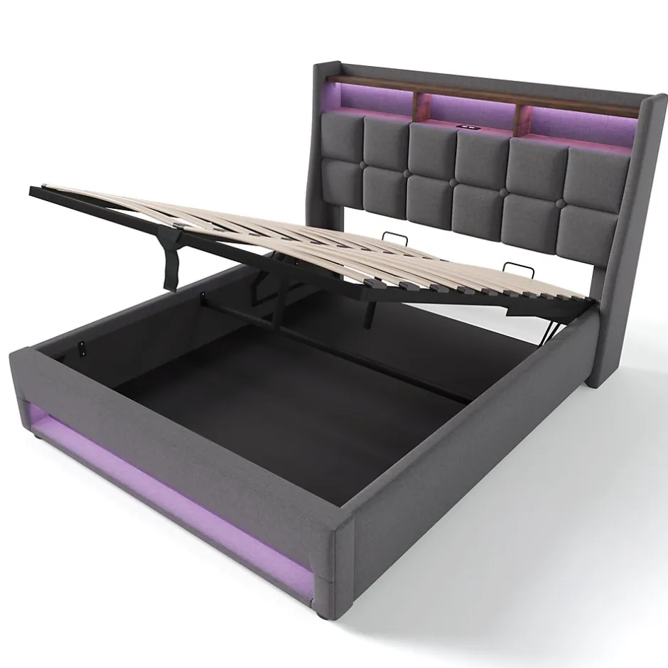 Redom Lit 140x200 cm tapissé lin gris avec éclairage LED et port USB, style vintage moderne, cadre bois-métal