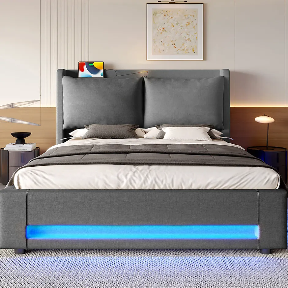 Redom Lit 160x200 cm tapissé lin gris avec tête de lit étagère, éclairage LED intégré et rangement hydraulique