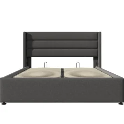 Redom Lit 160x200 cm tapissé lin gris avec rangement hydraulique, tête de lit 3 panneaux rembourrée, cadre renforcé