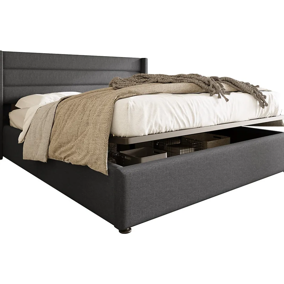 Redom Lit 160x200 cm tapissé lin gris avec rangement hydraulique, tête de lit 3 panneaux rembourrée, cadre renforcé