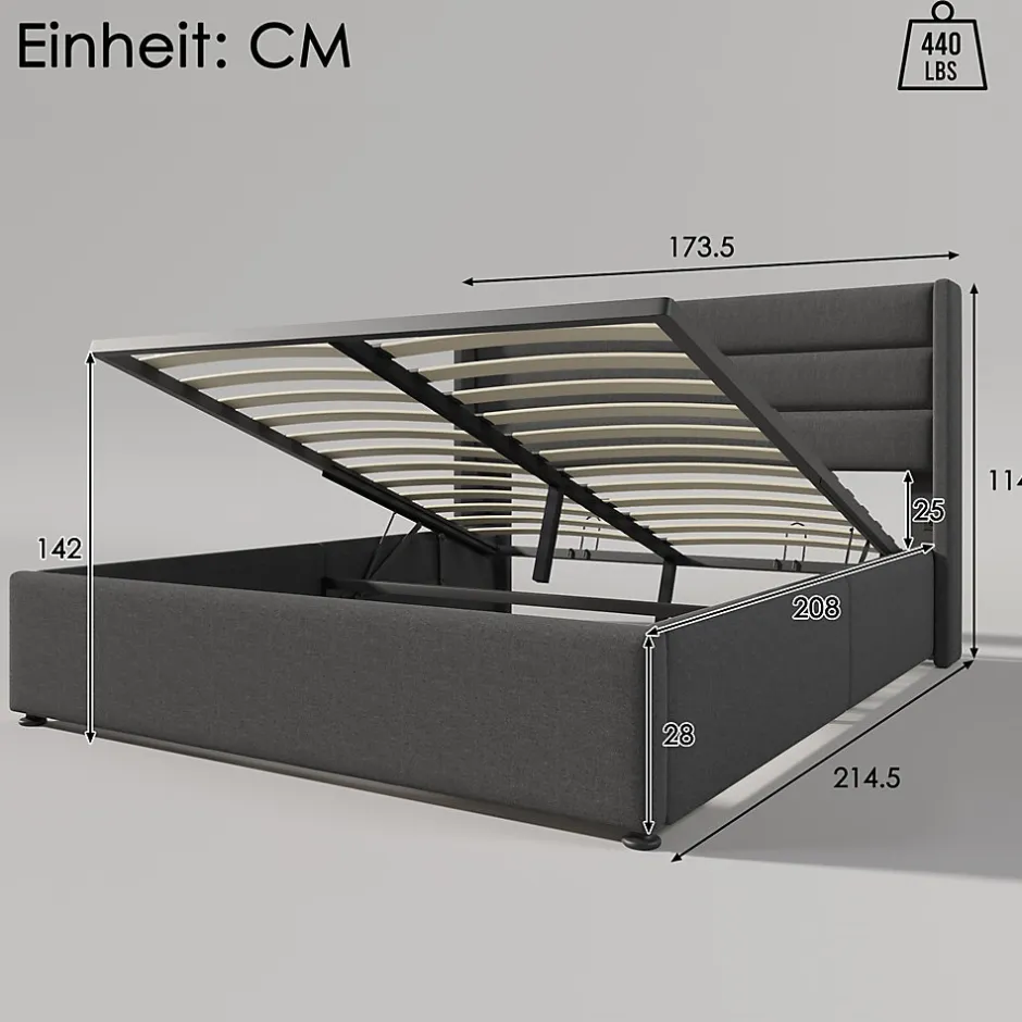 Redom Lit 160x200 cm tapissé lin gris avec rangement hydraulique, tête de lit 3 panneaux rembourrée, cadre renforcé
