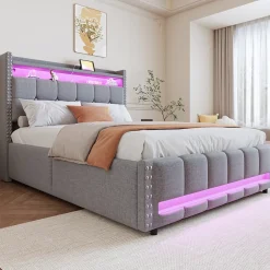 Redom Lit 140x200 cm tapissé lin gris clair avec rangement hydraulique et éclairage LED multicolore