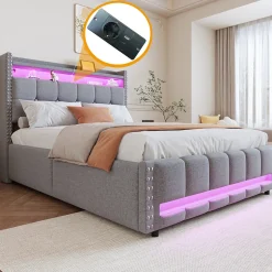 Redom Lit 140x200 cm tapissé lin gris clair avec rangement hydraulique et éclairage LED multicolore