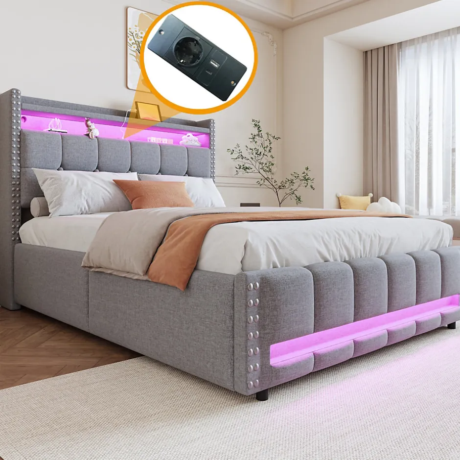 Redom Lit 140x200 cm tapissé lin gris clair avec rangement hydraulique et éclairage LED multicolore
