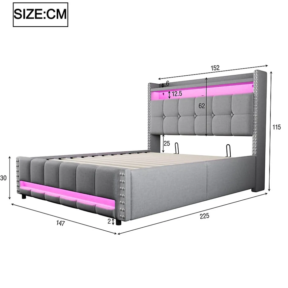Redom Lit 140x200 cm tapissé lin gris clair avec rangement hydraulique et éclairage LED multicolore