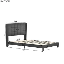 Redom Lit 140x200 cm tapissé lin gris avec tête de lit rembourrée haute et matelas à ressorts 140x200 cm inclus New