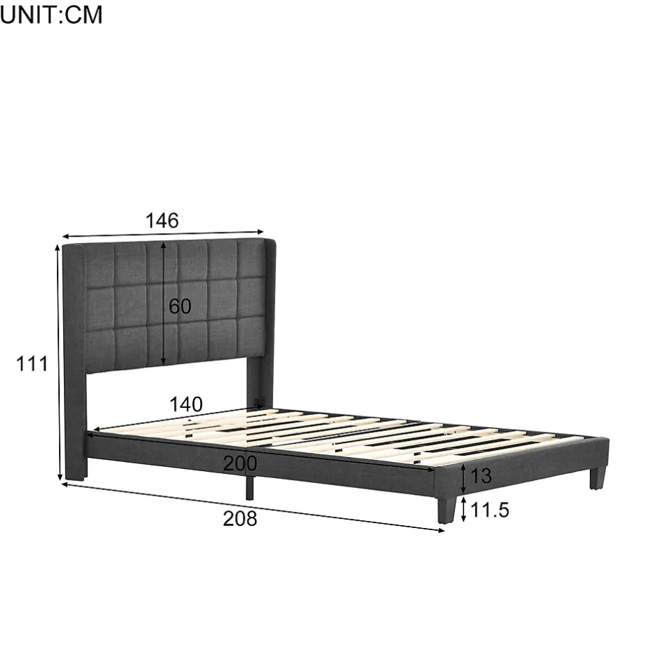 Redom Lit 140x200 cm tapissé lin gris avec tête de lit rembourrée haute et matelas à ressorts 140x200 cm inclus New