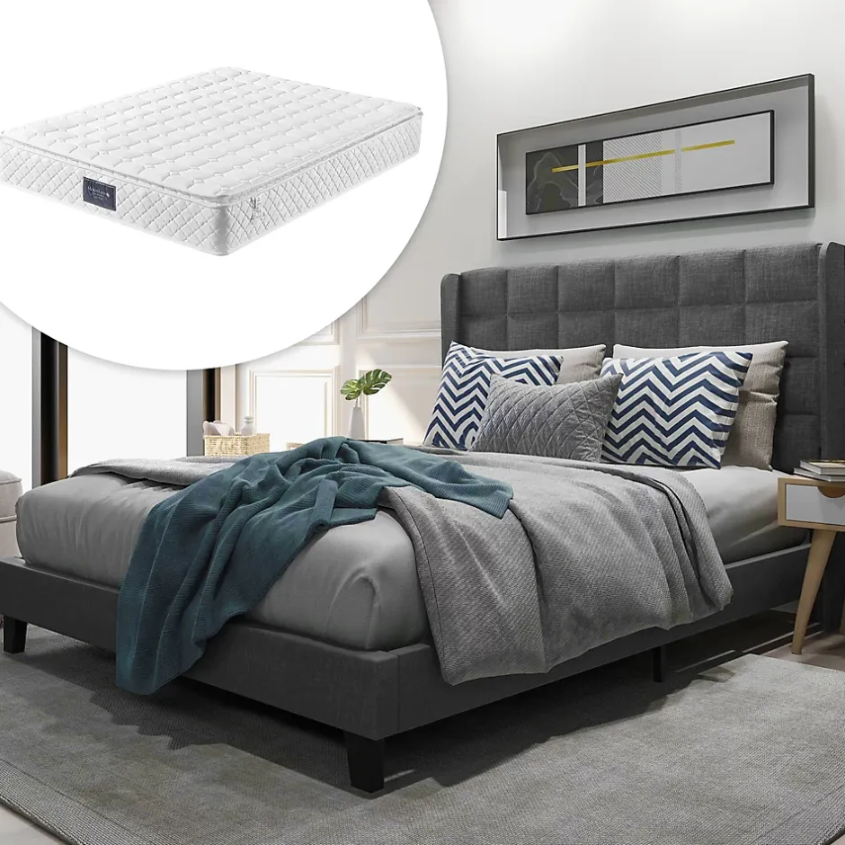 Redom Lit 140x200 cm tapissé lin gris avec tête de lit rembourrée haute et matelas à ressorts 140x200 cm inclus New