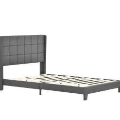 Redom Lit 140x200 cm tapissé lin gris avec tête de lit rembourrée haute et matelas à ressorts 140x200 cm inclus New