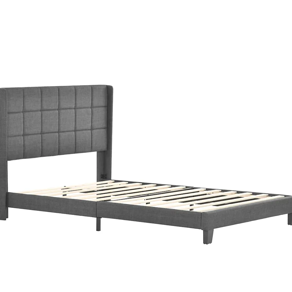 Redom Lit 140x200 cm tapissé lin gris avec tête de lit rembourrée haute et matelas à ressorts 140x200 cm inclus New