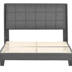 Redom Lit 140x200 cm tapissé lin gris avec tête de lit rembourrée haute et matelas à ressorts 140x200 cm inclus New