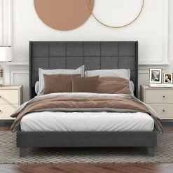 Redom Lit 140x200 cm tapissé lin gris avec tête de lit rembourrée haute et matelas à ressorts 140x200 cm inclus New