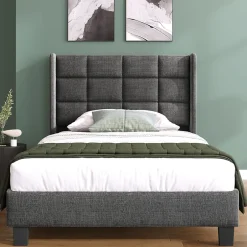 Redom Lit 90x200 cm tapissé lin gris avec tête de lit haute et pieds noirs, design moderne élégant Best