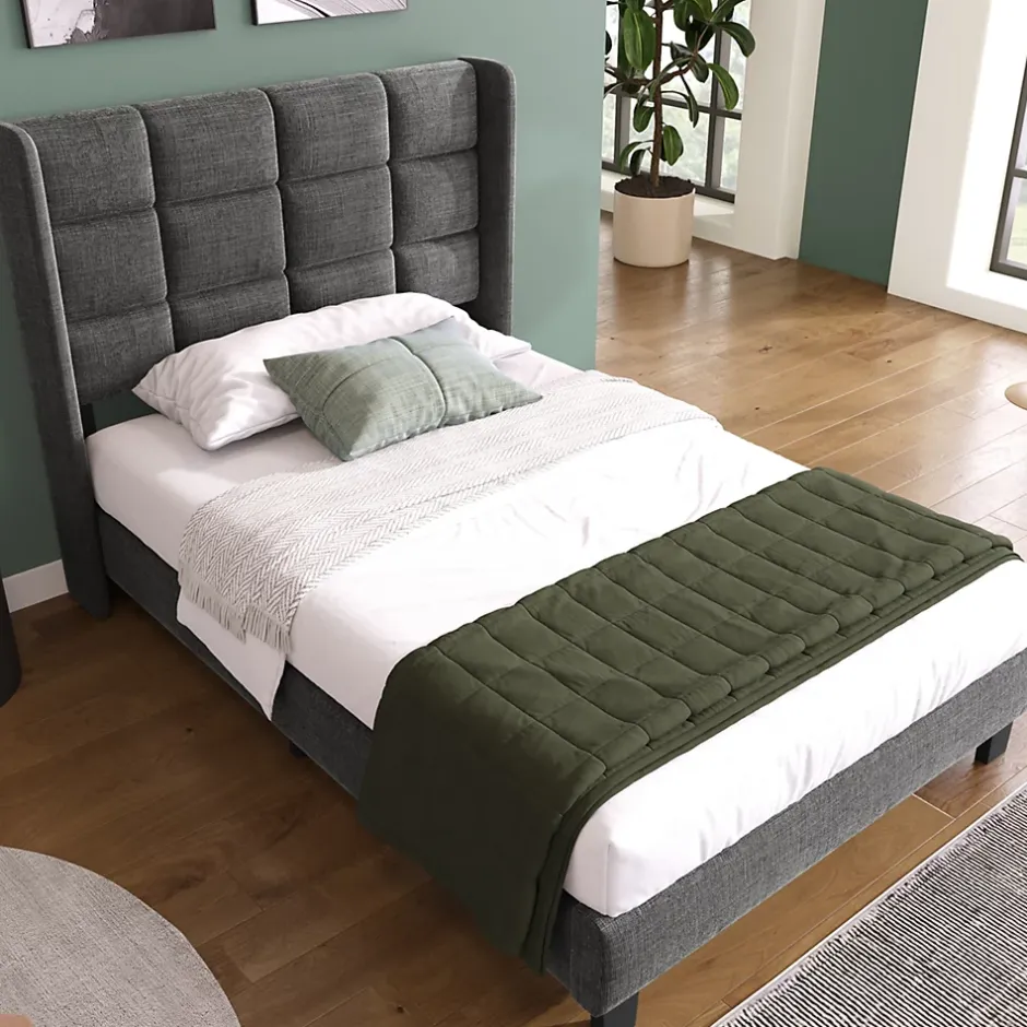 Redom Lit 90x200 cm tapissé lin gris avec tête de lit haute et pieds noirs, design moderne élégant Best
