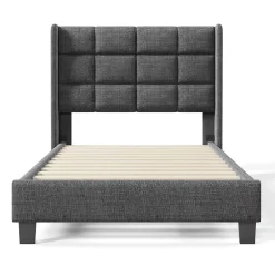 Redom Lit 90x200 cm tapissé lin gris avec tête de lit haute et pieds noirs, design moderne élégant Best