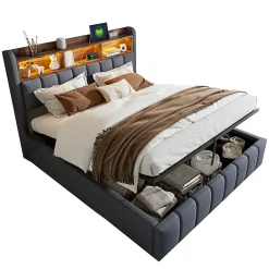Redom Lit 180x200 cm tapissé lin gris avec tête de lit LED multicolore, rangement hydraulique et prises USB