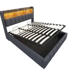 Redom Lit 180x200 cm tapissé lin gris avec tête de lit LED multicolore, rangement hydraulique et prises USB