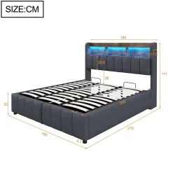 Redom Lit 180x200 cm tapissé lin gris avec tête de lit LED multicolore, rangement hydraulique et prises USB
