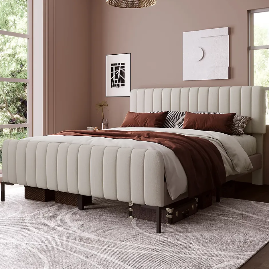 Redom Lit 180x200 cm tapissé lin gris-beige, tête réglable 16-22 cm, compatible avec sommier coffre, cadre métal Best