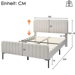 Redom Lit 180x200 cm tapissé lin gris-beige, tête réglable 16-22 cm, compatible avec sommier coffre, cadre métal Best