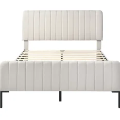 Redom Lit 180x200 cm tapissé lin gris-beige, tête réglable 16-22 cm, compatible avec sommier coffre, cadre métal Best