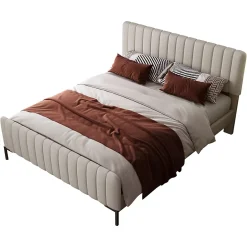 Redom Lit 180x200 cm tapissé lin gris-beige, tête réglable 16-22 cm, compatible avec sommier coffre, cadre métal Best