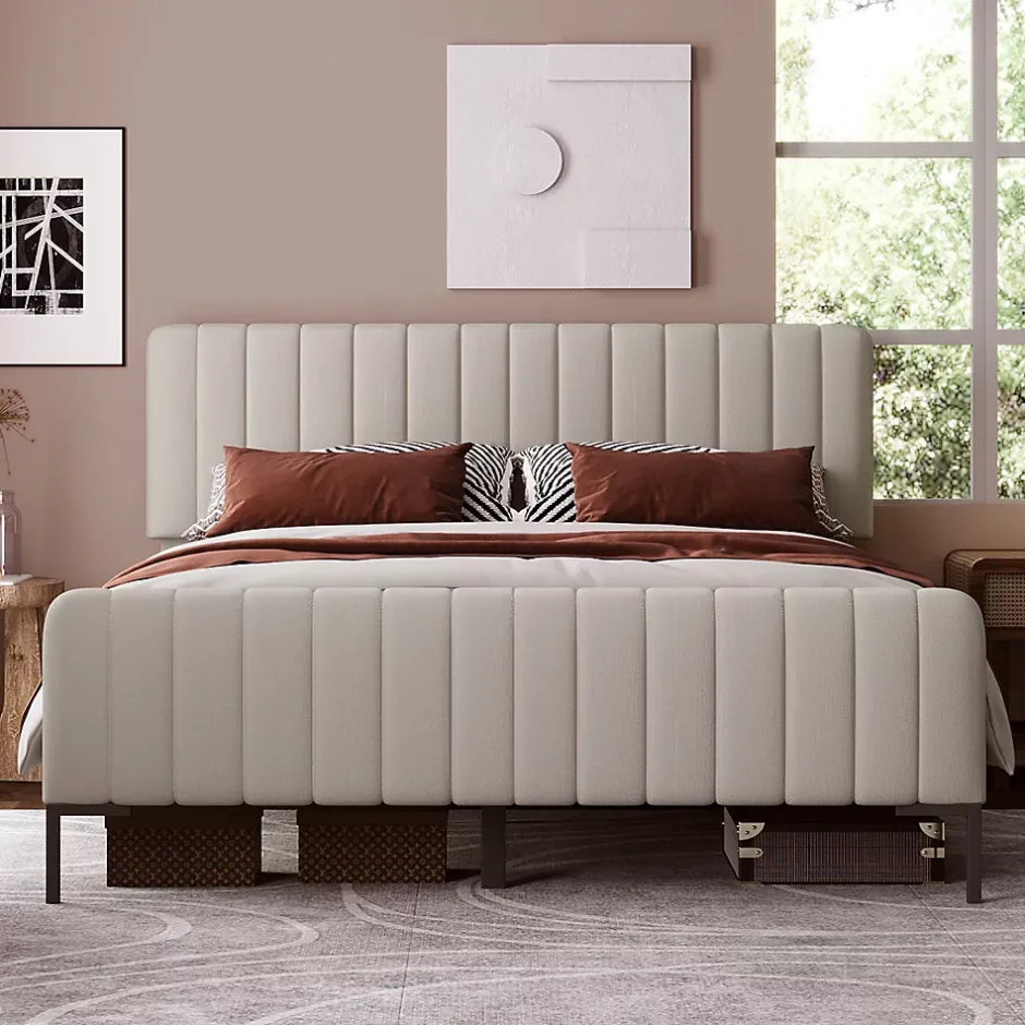Redom Lit 180x200 cm tapissé lin gris-beige, tête réglable 16-22 cm, compatible avec sommier coffre, cadre métal Best