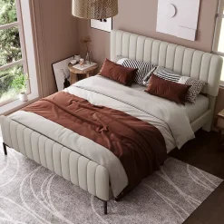 Redom Lit 180x200 cm tapissé lin gris-beige, tête réglable 16-22 cm, compatible avec sommier coffre, cadre métal Best