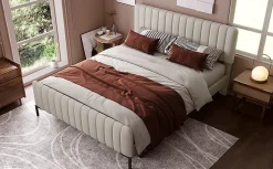 Redom Lit 140x200 cm tapissé lin gris-beige avec sommier à lattes et tête de lit réglable