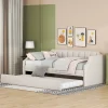 Redom Lit 90x200 cm tapissé lin-coton beige avec sommier gigogne à roulettes, design moderne et élégant